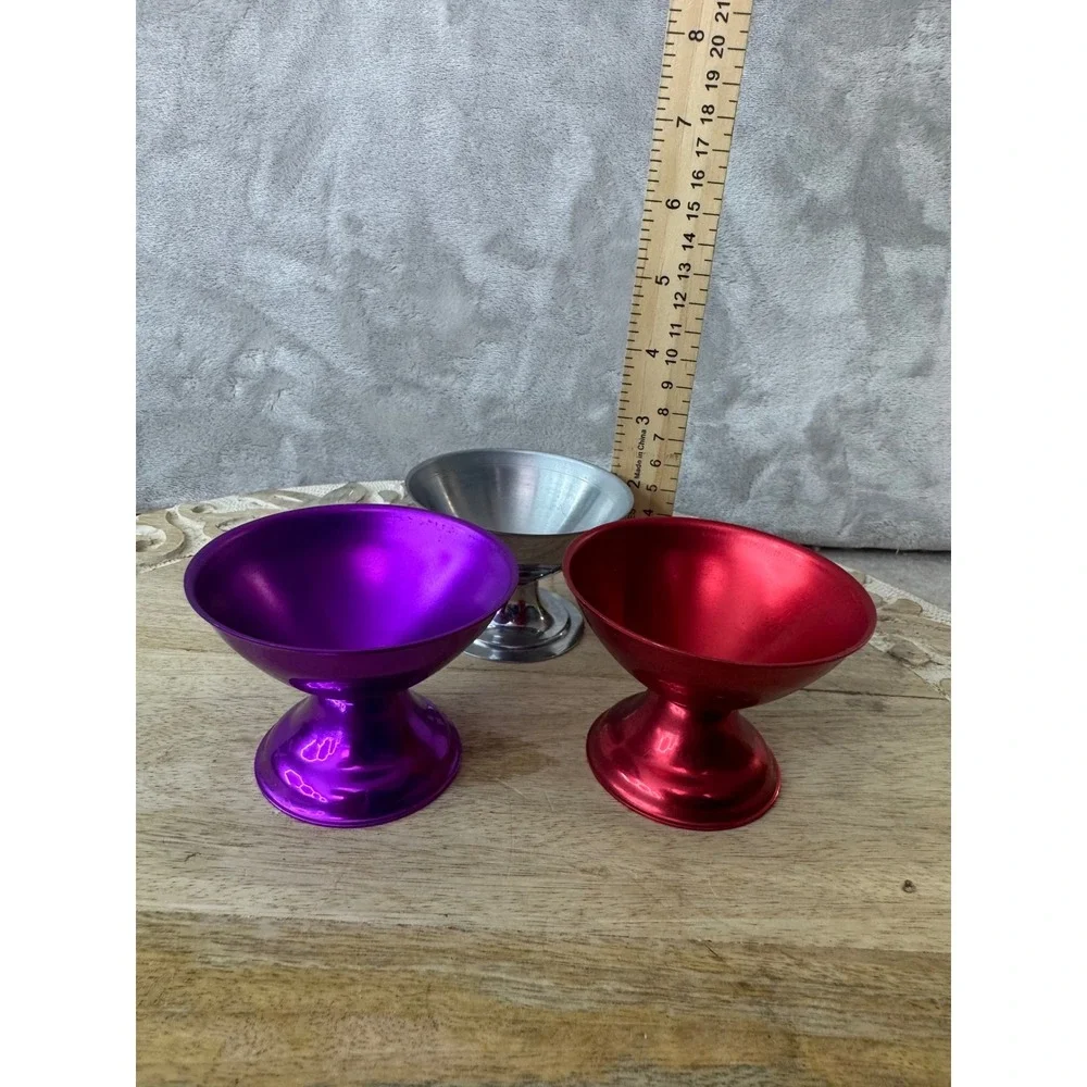 Vintage Style Anodized Aluminum Pedestal Bowls Set of 3 Purple Red Silver MCM